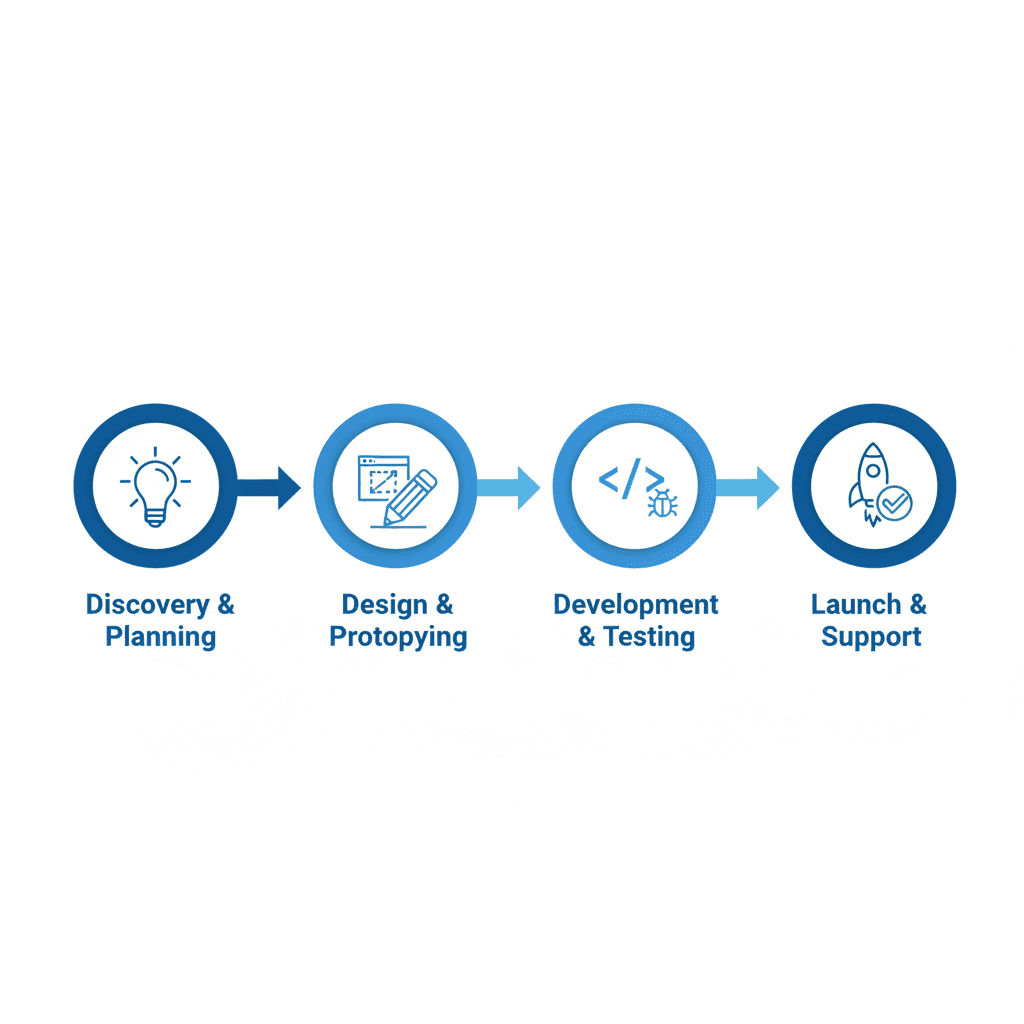 Mobile app development process — Discovery, Design, Development, Testing, Launch, and Growth stages