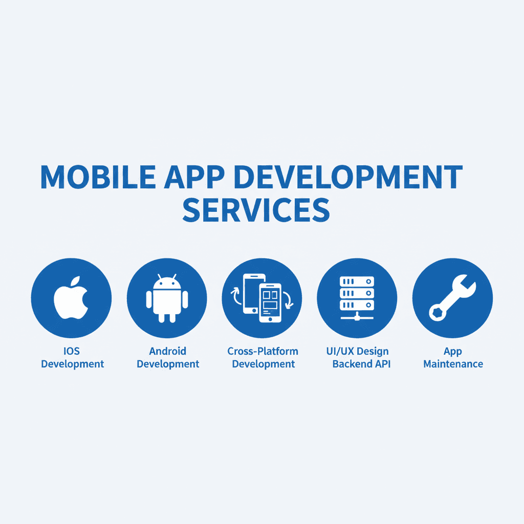 Mobile app development services overview — iOS, Android, cross-platform, UI/UX, backend, and maintenance